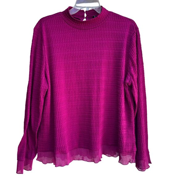 Calligraphie Waffle Textured Blouse XL Fuchsia Crinkle Hem Keyhole Button Back - Picture 6 of 10